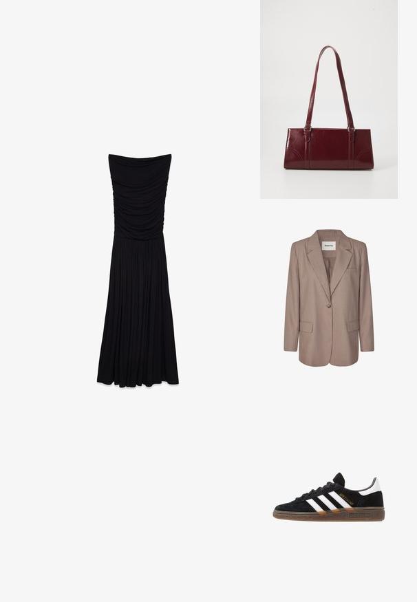 Svetlo rjav blazer, izdelan iz teksturiranega blaga. Ima izrezan ovratnik, enojno zapiranje s gumbom, dve sprednji žepki in en žep na prsih.; Črna, brez naramnic dolga obleka z nabranim teksturiranim zgornjim delom in gladkim, nabranim krilom. Narejena je iz gladkega, elastičnega materiala.; Črne Adidas superge z belimi črtami, zlatim napisom "Spezial", gumo podplatom in belim petnim delom, prikazane v stranskem pogledu.; Burgundska torbica iz sijočega materiala, pravokotne oblike, z dvema naramnicama in subtilnimi ukrivljenimi poudarki na sprednji strani.