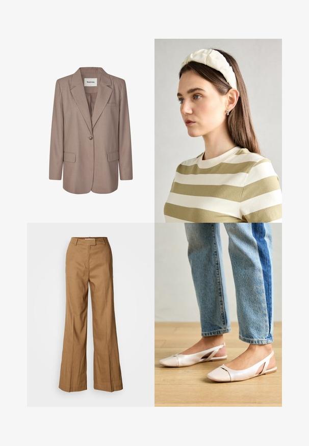 Light brown blazer made of textured fabric. Features a notched collar, single button closure, two front pockets, and a single chest pocket.; White cropped t-shirt made of smooth cotton, featuring a round neck and short, wide sleeves. Simple, clean design with no visible patterns.; Brown wide-leg pants made of lightweight fabric. Features a flat front, belt loops, and a tailored silhouette with an ankle-length cut.; Pale pink slingback flats with a pointed toe, made from a smooth leather-like material. Features cut-out details at the sides and a flat heel.; Cream padded headband with twisted design, paired with a beige and white striped shirt featuring a round neckline. Subtle jewelry accents.