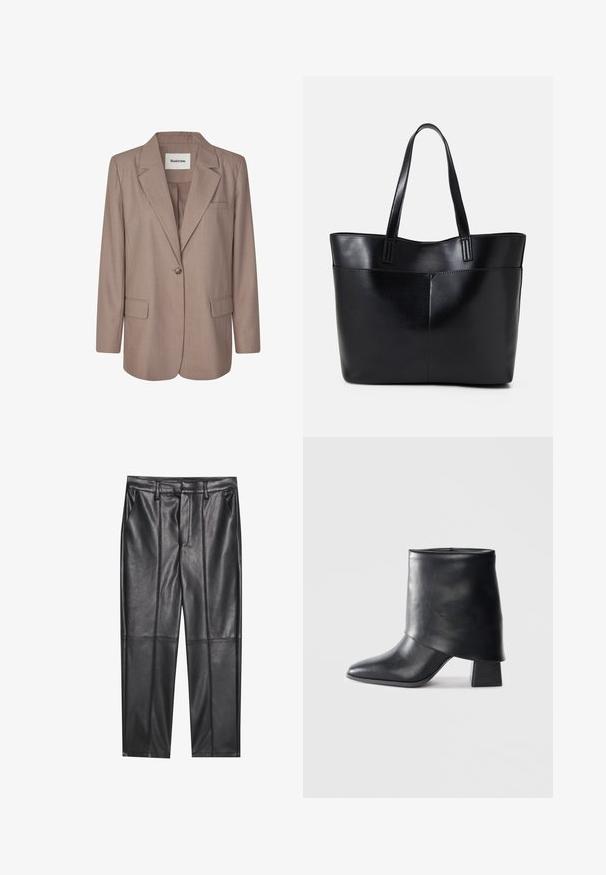 Lys brun blazer laget av teksturert stoff. Har en notched krage, enkelt knappelukke, to frontlommer og en enkelt brystlomme.; To lange ermer t-skjorter, en svart og en hvit, begge med firkantet utringning og laget av mykt, elastisk stoff.; Sorte lærbukser med en glat tekstur, der har en lige pasform, to forlommer og synlige sømdetaljer.; Sorte lær ankle boot med spiss tå, glatt tekstur og en strukturert blokkhæl. Har et høyt, brettet mansjett-design.; Svart lær toteveske med to lange håndtak, en glatt tekstur og en strukturert form. Har en frontlomme for ekstra oppbevaring.
