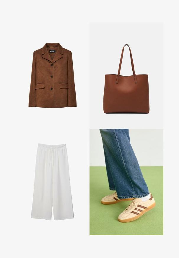 Giacca in suede marrone con colletto a punta, chiusura con un solo bottone e due tasche frontali. Presenta una texture liscia e un design su misura.; T-shirt bianco a maniche corte con scollatura rotonda e vestibilità ampia. Realizzato in tessuto morbido senza pattern o dettagli visibili.; Pantaloni bianchi a gamba larga realizzati in tessuto leggero, dotati di una vita elastica e di un cordino per una vestibilità regolabile. Texture liscia.; Sneakers beige con pannelli texturizzati crema e strisce marroni, abbinati a jeans in denim blu. I jeans hanno un taglio largo e orlo sfilacciato.; Borsa tote in pelle marrone con texture liscia, design con apertura superiore e due spallacci. Presenta cuciture minime e nessun hardware visibile.