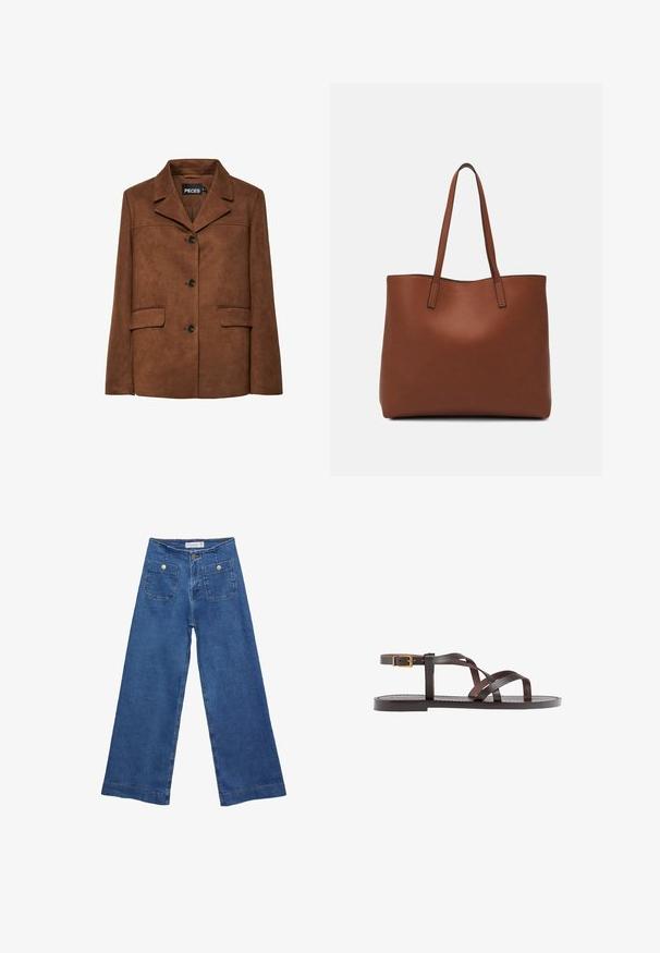 Ruskea mokkatakki, jossa on lovellinen kaulus, yksi nappisuljenta ja kaksi etutaskua. Takissa on sileä pinta ja kapea leikkaus.; Kahvinsävyinen lyhythihainen t-paita, joka on valmistettu pehmeästä kankaasta. Pyöreä pääntie ja rento malli. Ei näkyviä kuvioita tai koristeita.; Denim leveled-leg farkut keskisinisellä pesulla, kahdella etupussilla, joissa on nappisuljenta, ja ommelluilla yksityiskohdilla helmoissa.; Ruske kožne sandale s križnim trakama, zatvaranjem na kopču oko gležnja i ravnim potplatom s minimalnim detaljima šivanja.; Ruskea nahkainen olkalaukku, jossa on sileä pinta, avoin yläosa ja kaksi olkahihnaa. Omaavat vain minimaalisen ompelun eikä näkyvää metalliosaa.