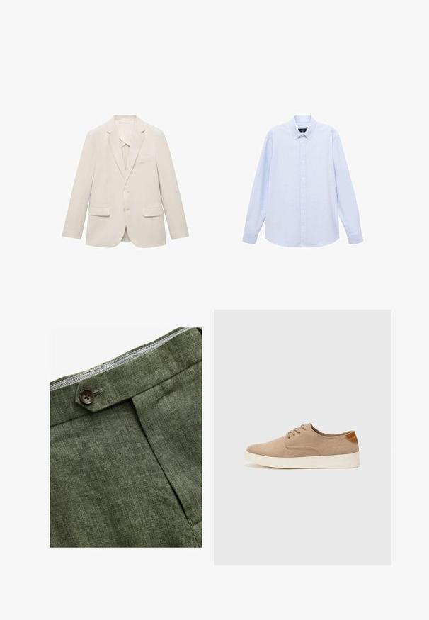 Giacca da uomo beige chiaro realizzata in tessuto liscio, caratterizzata da un design a un petto, rever a inversione e due tasche frontali.; Camicia azzurra a maniche lunghe con colletto classico, orlo dritto e una trama sottile. Presenta una chiusura centrale con bottoni.; Pantaloni in lino verde oliva con piega frontale, dotati di chiusura con bottone e una fodera a quadretti a contrasto nella cintura.; Sneaker in suede beige con punta arrotondata, stringhe davanti e un accento testurizzato sul retro. La suola in gomma bianca offre un contrasto. Design semplice e moderno.