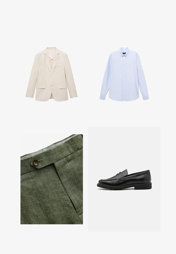 Giacca da uomo beige chiaro realizzata in tessuto liscio, caratterizzata da un design a un petto, rever a inversione e due tasche frontali.; Camicia azzurra a maniche lunghe con colletto classico, orlo dritto e una trama sottile. Presenta una chiusura centrale con bottoni.; Pantaloni in lino verde oliva con piega frontale, dotati di chiusura con bottone e una fodera a quadretti a contrasto nella cintura.; Mocassini sintetici neri con una spessa cucitura frontale, soletta imbottita e suola piatta in gomma; design elegante con dettagli minimi.