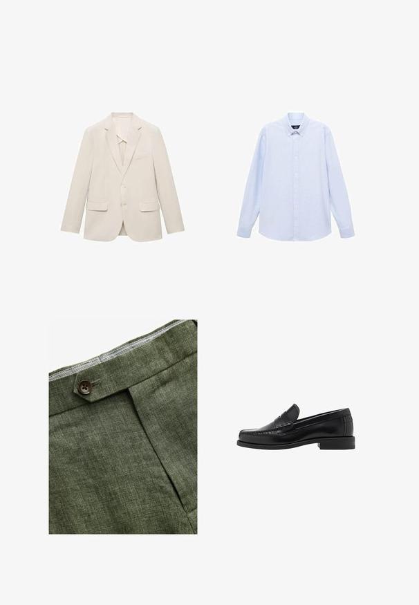 Svetlo bež suknjič iz gladkega materiala, s pravočrtno zasnovo, z obrežnimi reverji in dvema sprednjima žepoma.; Svetlo modra srajca z dolgimi rokavi in gumbi, klasičnega ovratnika, ravnega roba in subtilne teksture. Ima srednje gumbno zapiranje.; Olivnozeleni laneni hlače s prednjim plisem, ki vključujejo gumb za zapiranje in kontrastno karirasto oblogo na pasu.; Črne usnjene loafer čevlje z gladko površino, šivani detajli na prstu in nizka peta za udobje in stil.