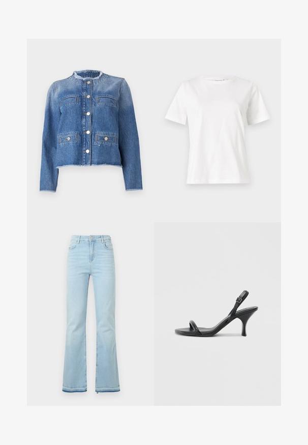 Mėlynas džinsinis švarkas su ilgomis rankovėmis, trumpu kirpimu, dviem priekinėmis kišenėmis ir sidabriniais mygtukais. Su nusidėvėjusiu apykakle ir apatine dalimi.; Balta medvilninė marškinėliai trumpomis rankovėmis, su apvalia iškirpte ir laisvu siluetu. Lygi tekstūra, be raštų ar akcentų, minimalistinis dizainas.; Šviesiai mėlyni, platėjantys džinsai pagaminti iš denimo, su aukštu juosmeniu, priekinėmis kišenėmis ir nelygiais apačiais, suteikiančiais kasdišką išvaizdą.; Juodos odinės aukštakulnės šlepetės su plonu, kreiviu kulnu ir kryžminiu dirželio dizainu. Reguliuojamas kulkšnies dirželis. Lygus paviršius.