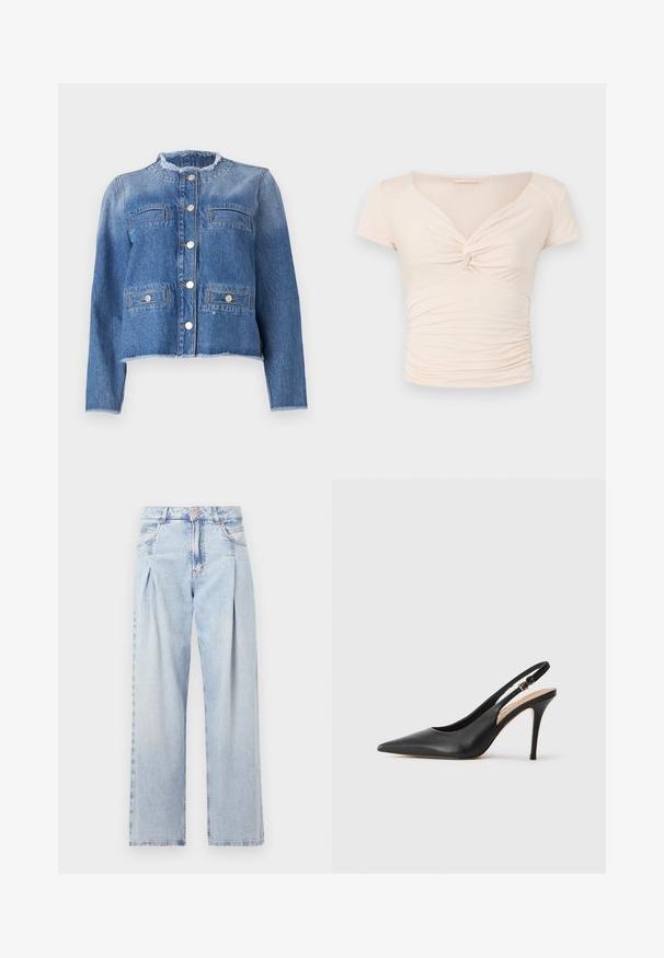 Modra jean jakna z dolgimi rokavi, skrajšano krojeno, z dvema sprednjima žepoma in srebrnimi gumbi. Ima raztrgane ovratnike in rob.; Svetlo bež majica s kratkimi rokavi in V-izrezom, z zvitkom na sprednjem delu, ki ima nabran teksturo ob straneh za tesno prileganje.; Svjetloplave traperice visoko struka, širokog kroja, s dva bočna djepa i naboranim dizajnom. Mekana tekstura s izblijedjelim završetkom.; Črne usnjene sandale s peto s konicami, gladko teksturo in nežnim trakom z kovinsko zaponko.
