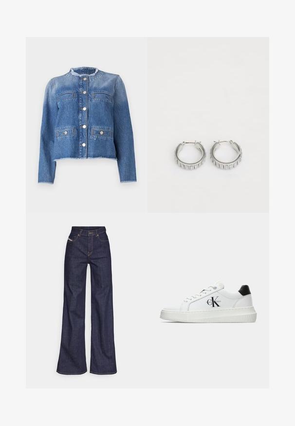 Plava traper jakna s dugim rukavima, skraćenog kroja, dva prednja džepa i srebrnim dugmadi. Ima isfrakan ovratnik i rub.; Bijela pamučna majica s printanom ilustracijom dviju žena u urbanom modnom stilu s psom na pješačkom prijelazu i gradskim zgradama.; Tamno plave široke traperice s visokim strukom, izrađene od denim tkanine, s narančastim šavovima, pet džepovima i kopčanjem na dugme.; Bijeli niskotoperani tenisice s crnom petom, platformom, vezicama i "CK" logotipom Calvin Kleina sa strane.; Srebrne naušnice na obruče s teksturiranim dizajnom koji sadrži vertikalne rebra. Okrugli oblik s sigurnim zatvaranjem. Glatka završna obrada.