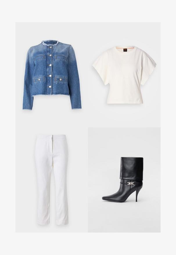 Modrá džínová bunda s dlhými rukávmi, skráteným strihom, dvoma prednými vreckami a striebornými gombíkmi. Má frayed golier a lem.; Biely skrátený tričko, krátke široké rukávy, mäkký bavlnený materiál, okrúhly výstrih s jemným oranžovým lemovaním, minimalistický dizajn, bez vzorov alebo grafiky.; Biele bavlnené nohavice so striedmym strihom, s pásom strednej výšky a bez viditeľných kovových prvkov alebo vzorov. Hladká textúra po celom obvode.; Čierna kožená členková topánka s špicatou špičkou, vysokým ihlovým podpätkom, prehnutým manžetom a zlatým dekoratívnym sponou na členku.