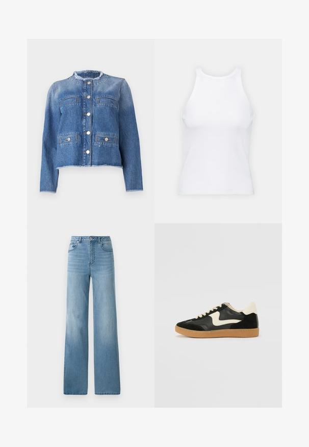Chaqueta de mezclilla azul con mangas largas, corte corto, dos bolsillos frontales y botones plateados. Presenta un cuello y dobladillo deshilachados.; Top de tirantes blanco sin mangas hecho de tela acanalada, con un escote redondeado y una silueta ajustada, con costuras mínimas y sin adornos.; Jeans de tiro alto en azul claro con un diseño de pierna recta. Confeccionados en denim, cuentan con cinco bolsillos y un cierre con botón.; Zapatillas de deporte de ante y cuero negro con un swoosh lateral en crema y un talón en crema claro. Presenta cordones beige y una suela de goma marrón.