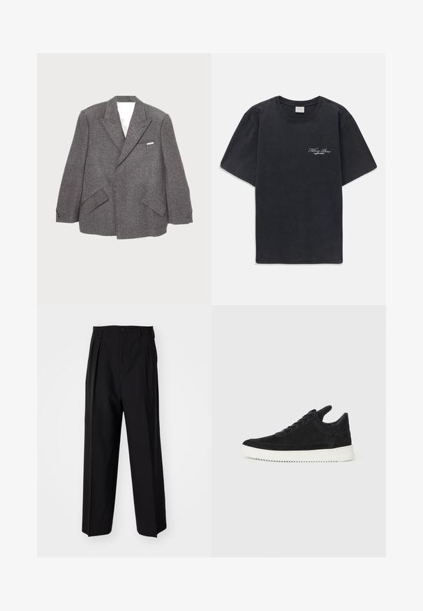 Harmaa villatakki on varustettu kaksirivisellä muotoilulla, terävillä kauluksilla, kahdella etutaskulla ja nappikoristeilla hihoissa.; Mustat lyhythihaiset t-paidat, joissa on pieni valkoinen "Filling Pieces" -tekstilogo vasemmassa rinnassa.; Mustat laskostetut housut, joissa on suora, leveä lahje. Valmistettu sileästä kankaasta, jossa on nappisuljenta ja vyölenkit.; Mustat mokkasiinikenkiä valkoisella kumipohjalla, jossa on sävy sävyyn ompelu ja nauhakiinnitys. Sujuva pinta ja moderni, virtaviivainen muoto.