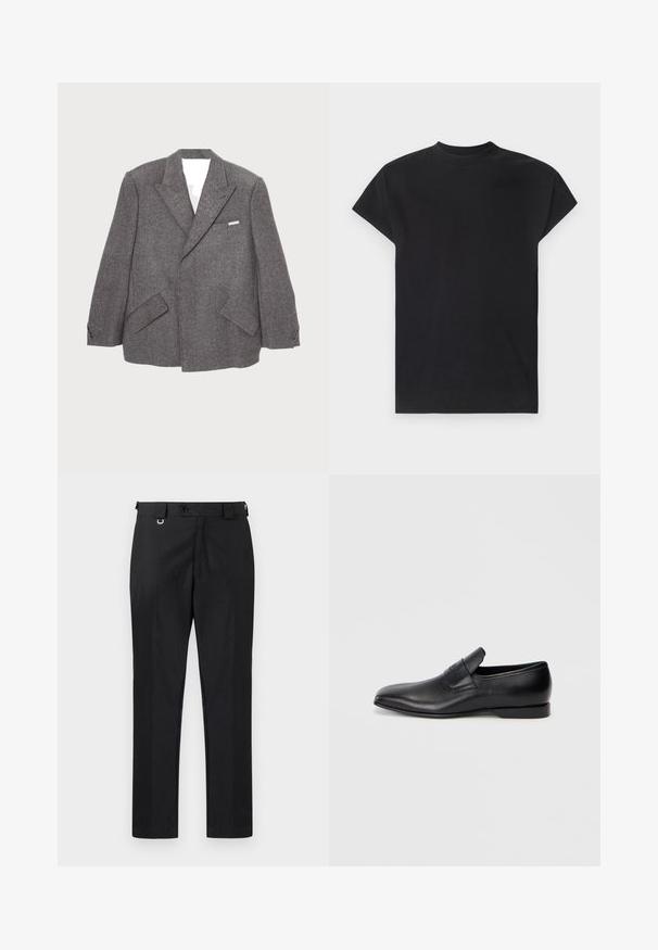 Grå uldjakke med dobbeltradet design, spidse slag, to forlommer og knapdetaljer på ærmerne.; Won Hundred CREED - Top - black; Sorte skræddersyede bukser med lige pasform, der har en knaplukning og bælteløkker. Glat tekstur med minimal detaljer.; Sorte læder slip-on sko med spids tå, glat overflade og diskret branding på siden. Lav hæl med et rent, minimalistisk design.