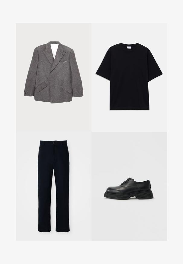 Šedý vlněný blazer má dvouřadý střih s špičatými klopami, dvěma předními kapsami a knoflíkovými detaily na rukávech.; Černé oversized tričko s krátkým rukávem, kulatým výstřihem a viditelnou značkou Filippa K uvnitř límce.; Námorně modré kalhoty vyrobené ze 100 % bavlny, s rovnými nohavicemi, předním zapínáním na knoflík a klasickým pasem s poutky na pásek.; Černé kožené boty s kulatou špičkou, vybavené silnou vícerozměrnou podrážkou a tradičním šněrovacím designem. Hladký povrch s minimálními detaily.