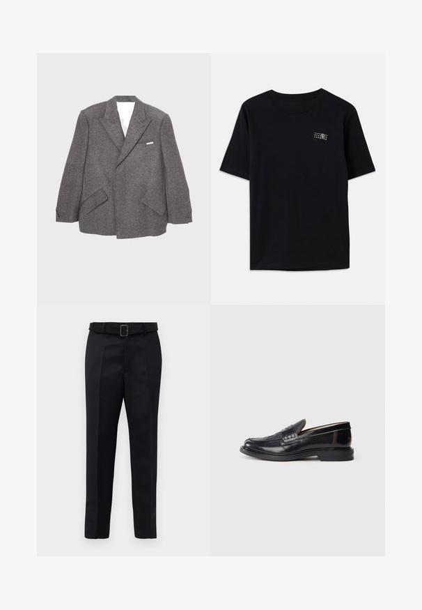 Blazer en laine gris avec un design croisé, des revers pointus, deux poches avant et des accents de boutons sur les manches.; T-shirt en coton noir à manches courtes, col rond, avec un petit graphique blanc représentant des chiffres sur la poitrine gauche.; Un pantalon noir ajusté en tissu lisse, à coupe droite, avec une taille ceinturée et une boucle rectangulaire. Des plis avant notables accentuent le design.; Mocassins en cuir noir avec une finition lisse, des coutures décoratives et un léger talon. Présente un petit panneau d'accent en marron.