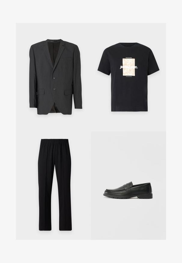 Fekete csíkos zakó, két gombos záródással, hozzáillő hajtókákkal, oldalsó zsebekkel, egy mellzsebbel és bélelt belső résszel. Testhezálló fazon.; Fekete pamut póló kerek nyakkal. Bézs téglalap alakú grafika és fehér szöveg található rajta, "JAWO," középen elhelyezve. Rövid ujjú.; Fekete, gumíros derekú nadrág egyenes szabással, sima felülettel, látható minták vagy fémrészek nélkül.; Fekete bőr mokaszinok sima felülettel, a mokaszin stílusú felsőrésszel, varrott részletezéssel és gumitalppal. Klasszikus dizájn alacsony sarokkal.