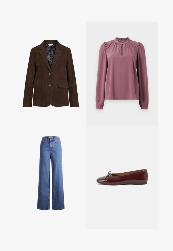 Brun ruskind blazer med revers, to frontlommer og to knapper. Indvendig foret med sort satin. Skræddersyet pasform og rene linjer.; Langermet mauve bluse med samlet krave, nøglehul-udskæring med knaplukning og let puffede skuldre.; Lyseblå denim brede bukser med høj talje, to frontlommer og synlige stikninger. Har en knap- og lynlåslukning.; Bordeaux patentlæder balletflad med rund tå, lille sløjfeaccent foran og en lav, sort gummisål. Glat tekstur.