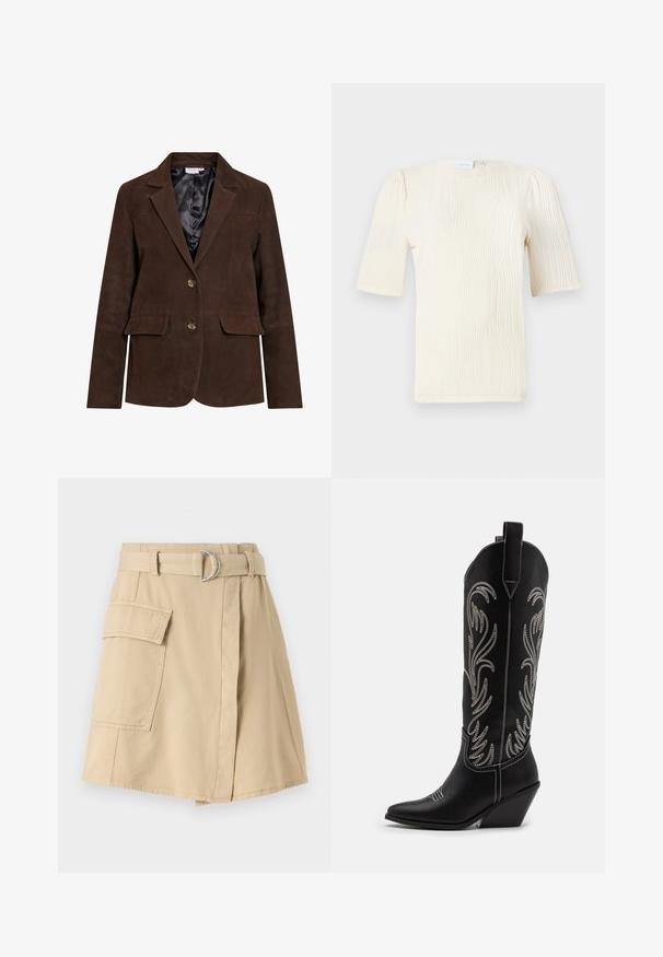 Brown suede blazer with a notched collar, two front pockets, and two buttons. Interior lined with black satin. Tailored fit and clean lines.; Short-sleeve, cream-colored blouse with a textured wave pattern. Round neckline and subtle gather details at sleeves. Lightweight fabric.; Beige cotton skirt with a side pocket, belted waist featuring a silver ring, and a slight A-line shape. Smooth texture and simple design.; Black leather cowboy boots with pointed toes, wedge heels, and silver embroidered floral patterns along the shaft. Contrast stitching throughout.