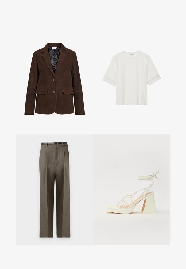 Brown suede blazer with a notched collar, two front pockets, and two buttons. Interior lined with black satin. Tailored fit and clean lines.; White short-sleeve t-shirt made from cotton, featuring decorative lace trim along the sleeves and a round neckline.; Brown tailored trousers with a straight cut, featuring a smooth texture, belt loops, and a flat front design.; White high-heeled sandal with a chunky heel, featuring a strappy design and ankle tie. Smooth texture with a platform front for added height.