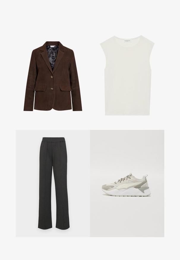 Brun ruskind blazer med revers, to frontlommer og to knapper. Indvendig foret med sort satin. Skræddersyet pasform og rene linjer.; Hvid ærmeløs top med rund halsudskæring. Lavet af glat stof, har den en afslappet pasform og minimalistisk design. Ingen mønstre eller accenter.; Sorte lige bukser med elastisk talje, frontfolder, blødt stof og ingen synlige mønstre eller hardware-detaljer.; Lys grå og hvid sneakers lavet af mesh og ruskind, med en chunky sål, teksturerede detaljer og et strømlinet design med snørebånd.
