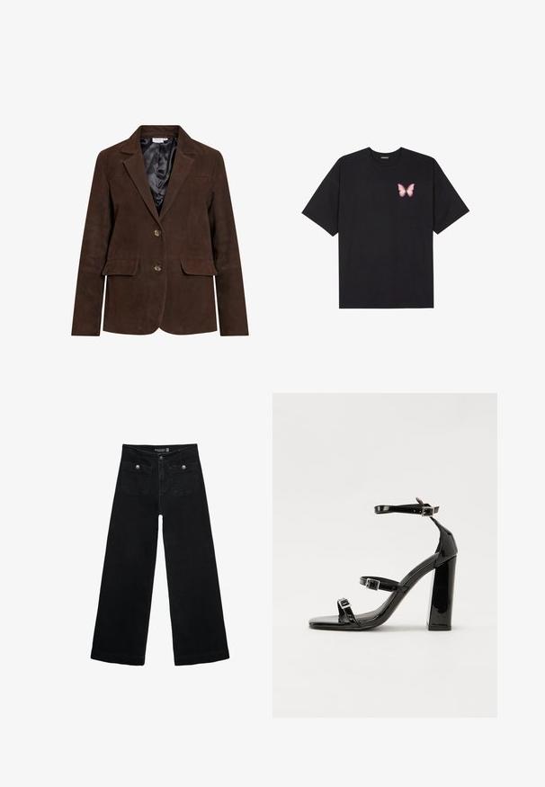Brun ruskind blazer med revers, to frontlommer og to knapper. Indvendig foret med sort satin. Skræddersyet pasform og rene linjer.; Sort bomulds T-shirt med korte ærmer, prydet med en lille pink sommerfugl grafik på venstre bryst. Rund hals design med en afslappet pasform.; Sorte vidde jeans med høj talje, der har to forlommer og metalknapdetaljer. Stoffet har en glat tekstur.; Sorte patenterede hælsandaler med firkantet tå, ankelremme og sølvspænder. Har en chunky blokHæl for stabilitet.