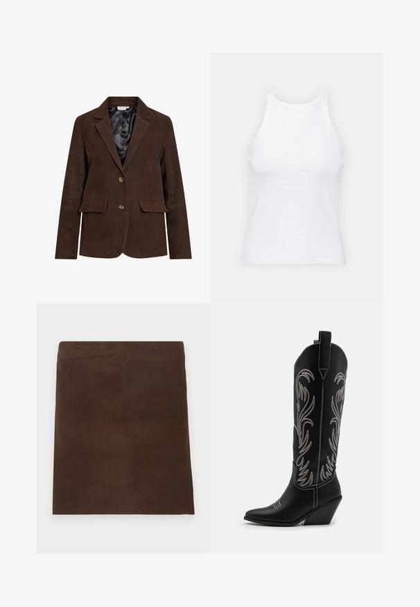 Bruine suède blazer met een geknipt kraag, twee voork pocketen en twee knopen. Binnenvoering van zwart satijn. Getailleerde pasvorm en strakke lijnen.; Witte mouwloze tanktop van ribstof, met een ronde halslijn en een aansluitende pasvorm, met minimale naden en zonder versieringen.; Bruine suede minirok met een schoon, eenvoudig ontwerp. Heeft een rechte vorm en naadloze verticale stiksels voor minimales detail.; Zwarte leren cowboylaarzen met spitse neuzen, wiggenhakken en zilver geborduurde bloemmotieven langs de schacht. Contrasterende stiksels overal.