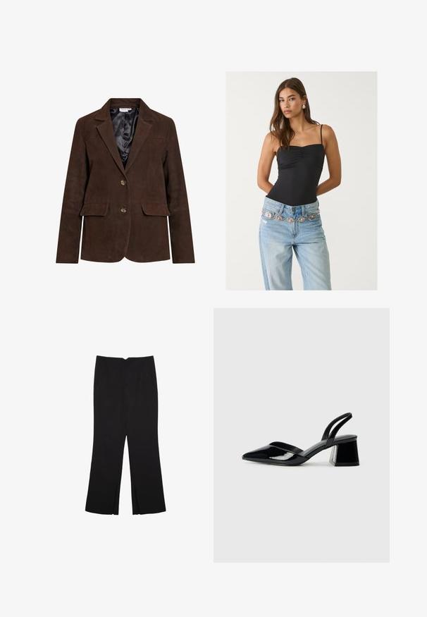 Blazer in suede marrone con colletto a scollatura, due tasche frontali e due bottoni. Interno foderato in satin nero. Vestibilità sartoriale e linee pulite.; Body aderente nero con scollo quadrato, abbinato a jeans azzurri chiari con una cintura decorativa argento e rosa.; Pantaloni neri a gamba dritta, con tasche frontali e spacchi laterali all'orlo. Realizzati in tessuto morbido e liscio. Adatti a diverse occasioni.; Décolleté in vernice nera con punta affusolata e tacco in geometria cubica. Presentano un design elegante e minimalista, con una texture liscia.