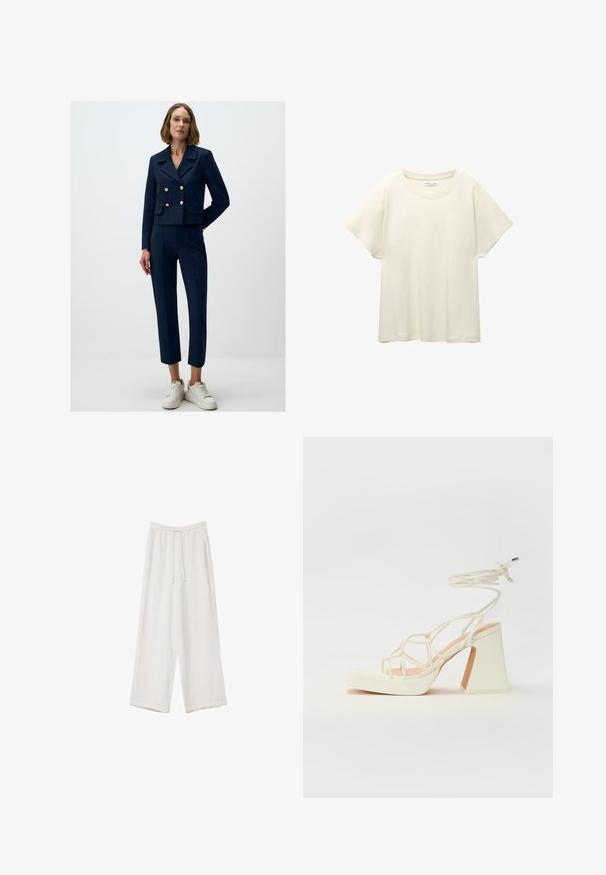 Marineblauer kurzer Blazer mit doppelten goldenen Knöpfen, kombiniert mit schmal zulaufenden marineblauen Hosen und weißen Sneakers. Glatter Stoff mit taillierter Passform.; Helles beige T-Shirt mit kurzen Ärmeln und Rundhalsausschnitt, aus weichem, glattem Stoff gefertigt. Verfügt über eine lockere Passform und einen geraden Saum.; Weiße weit geschnittene Hose aus leichtem Stoff. Mit einem elastischen Bund und Kordelzug sowie Seitentaschen. Glatte Textur.; Weiße High-Heel-Sandale mit einem klobigen Absatz, die über ein Riemchendesign und ein Knöchelband verfügt. Glatte Textur mit einer Plattform vorne für zusätzliche Höhe.