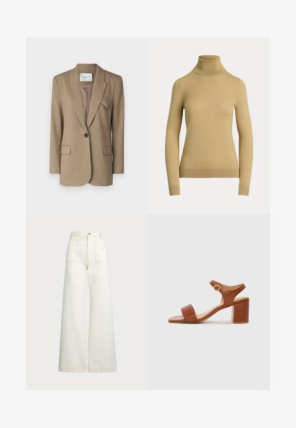 Bruine blazer met een gestructureerd ontwerp, één knoopsluiting, twee voorzakken en een driehoekig accent op het revers. Getextureerde stof.; Turtleneck trui in lichtbeige, gemaakt van een gladde, zachte brei. Heeft lange mouwen en een aansluitende silhouet met een geribde zoom.; Wijd-zit jeans van off-white denim. Hooggaande taille met een knoopsluiting, twee voorzakken en contrasterende stikdetails.; Bruine leren sandaal met hak, vierkante neus, verstelbare enkelband en blokhak. Gladde textuur en minimalistisch ontwerp.