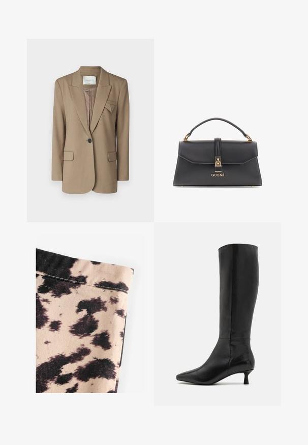 Brūns bleizeris ar strukturētu dizainu, vienas pogas aizdari, divām priekšējām kabatām un trīsstūra akcentu uz apkakles. Tekstūrēta auduma.; Melnā augsta apkakle džemperis, kas izgatavots no viegla adīšanas auduma. Tam ir garas piedurknes, pieguļoša silueta un mīksta ribota tekstūra.; Bežīgs audums ar melnu liellopu drukas rakstu, ar ribotu tekstūru un vienkāršu šuvi detaļām. Nav redzamu piederumu vai dekora.; Zign Zābaki - black; Melnas mākslīgās ādas rokassoma ar strukturētu formu, zelta aparatūru, augšējo rokturi un priekšējo sprādzi ar "GUESS" logo.