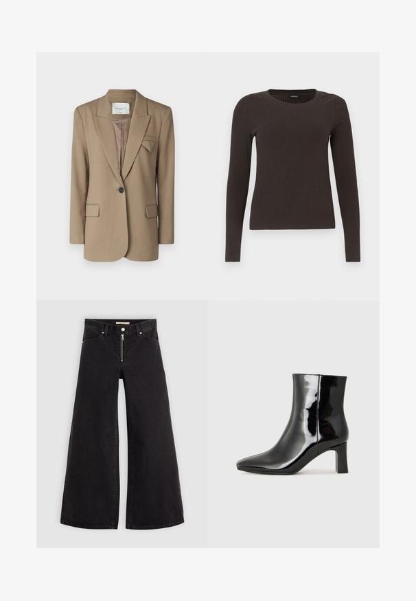 Brun blazer med en strukturert design, enkel knappelukking, to frontlommer og en trekantet aksent på slaget. Teksturert stoff.; Brun, langermet ribbestrikket topp med rund hals. Laget av et glatt, elastisk materiale, med en tettsittende silhuett og minimalt med detaljer.; Vide benbukser i sort denim med glidelås i front, fem-lomme design og subtile sømdetaljer. Glatt tekstur og avslappet stil.; Sorte patentlær ankle boot med spiss tå og en mellomhøy blokkhelt. Glatt tekstur og minimalistisk design.