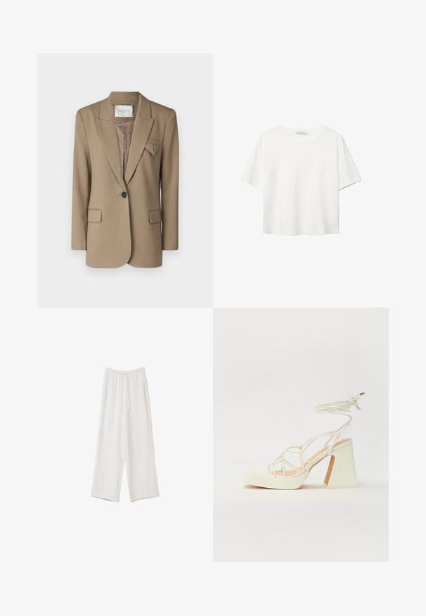 Blazer marrone con un design strutturato, chiusura a un bottone, due tasche frontali e un accento triangolare sul colletto. Tessuto texturizzato.; T-shirt bianco a maniche corte realizzato in cotone. Presenta un collo tondo e una vestibilità rilassata. Texture liscia senza motivi o dettagli visibili.; Pantaloni a gamba larga bianchi realizzati in un tessuto leggero. Presentano una vita elastica con cordoncino e tasche laterali. Texture liscia.; Sandalo bianco con tacco alto, caratterizzato da un design a cinturini e un legaccio alla caviglia. Texture liscia con una piattaforma frontale per un'altezza aggiuntiva.