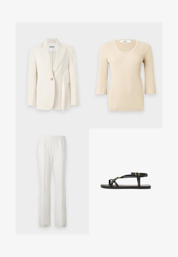 Balti švarkas su išskirtiniais atvartais, vieno mygtuko užsegimu ir šoninėmis frangėmis. Sklandi tekstūra, pritaikytas tinkamas ir minimalistinis dizainas.; Bežinė raštuota ilgomis rankovėmis palaidinė su apvaliu iškirpimu. Audinys lygus ir prigludęs. Platėjantys rankogaliai suteikia subtilų dizaino akcentą.; Šviesios spalvos tiesios kojų kelnės su lygiu paviršiumi, turinčios priekinę raukšlę ir tvarkingą juosmens dizainą.; Juodos odinės šlepetės su plonais dirželių ir reguliuojamu kulkšnies dirželiu. Plokščias padas su tekstūruotu paviršiumi ir zigzaginiu kraštu. Minimalistinis dizainas.