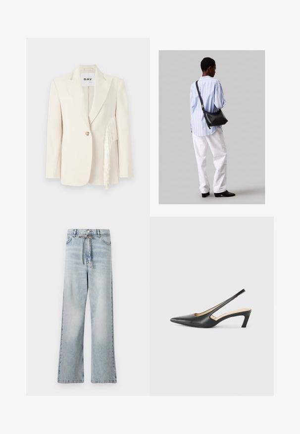 Kreemist bleiser, millel on servadega krae, ühe nööbiga kinnitamine ja külgmine frantsiis. Sile tekstuur, kohandatud sobivus ja minimalistlik disain.; Valge varrukateta top, mis on valmistatud ribakujulisest puuvillast. Omab ümmargust kaelust ja keha kinnitavat siluetti. Pole nähtavaid mustreid ega aktsente.; Heledad sinise värvi laiad teksapüksid, mis on valmistatud denimist, kõrge vöökoht, ees taskud ja vöökoha nööridetail. Kulunud tekstuur.; Must mustaga, terav varvas, madala kontsaga sildiga king, mis on valmistatud siledast nahast ja mille küljel on lõike disain hingavuse tagamiseks.; Must have mustras alasi nahkpatsi, pehme tekstuuriga, kolmnurkse kujuga ja reguleeritava rihmaga, koos helesinise triibulise särgi ja valgete pükstega.