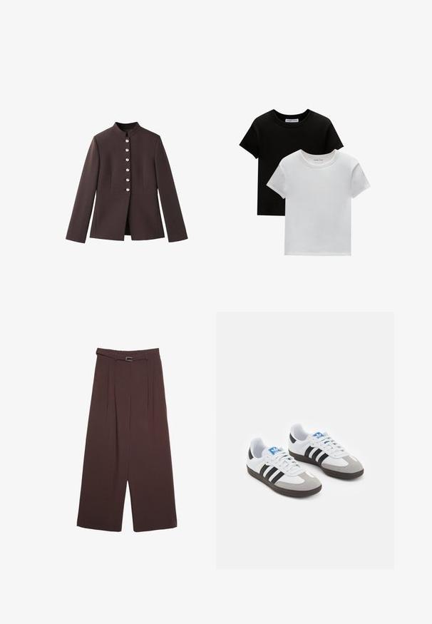 Dunkelbraune Jacke mit hohem Kragen, ausgestattet mit einer sechsknöpfigen Frontleiste mit perlenartigen Akzenten und langen Ärmeln. Taillierte Passform.; Zwei T-Shirts mit Rundhalsausschnitt in Schwarz und Weiß, aus Baumwolle. Sie haben kurze Ärmel und einfarbiges Design ohne Muster oder Akzente.; Stradivarius WIDE-LEG WITH BUCKLE DETAIL - Stoffhose - dark brown; Sportschuhe mit einem Obermaterial aus weißem Leder, grauer Wildleder-Zehenkappe und drei schwarzen Streifen. Sie verfügen über ein blaues Logo auf der Zunge und eine strukturierte Gummisohle.
