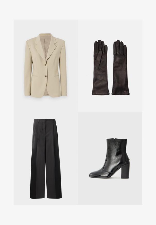 Bežový sak s štruktúrovaným dizajnom, jednoposchodovým predným zapínaním, ostrými klopami, dvoma gombíkmi a jemnou textúrou. Obsahuje priliehavý pás a vrecká.; Čierny pletený sveter s vysokým žebrovaným golierom, spustenými ramenami a voľným strihom. Má žebrované manžety a lem pre textúru.; Čierne široké nohavice s vysokým pásom, so záhybmi vpredu, hladkou textúrou a prispôsobeným strihom. Navrhnuté pre uvoľnený strih.; Čierna kožená kotníková obuv s hladkým povrchom, špicatou špičkou a masívnym vysokým podpätkom. Zdobená bočným otvorom a minimalistickým dizajnom.; Weekend Max Mara SENAPE - Rukavice - nero