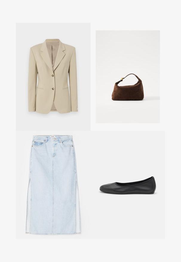 Bež bleiser struktureeritud disainiga, ühe nööbiga ees, teravate kraedega, kahe nööbiga ja kerge tekstuuriga. Omab talje järgi õmmeldud vööd ja taskuid.; Valge pika käisega krae särg, mis on valmistatud puuvillast. Omab nööbipaneeli esiosa ja ühte rinna taskut. Sujuv tekstuur, vabalt lõigatud.; Heledsinine denim maxi seelik sirge lõikega, millel on külgmised lõhed ja viie taskuga disain. Silmapaistev õmblus ja metallist nööp sulgemiseks.; Musthave mustika tantsutossud mustast nahast, ümmarguse varbaga, siledast tekstuurist, minimaalse õmblusdetailiga ja paindliku tallakujundusega.; Pruun siidiselt käekott, millel on kaarjate kujuline disain, lühike käepide ja kuldsed Detailid. Sujuv tekstuur ja minimaalne disain.