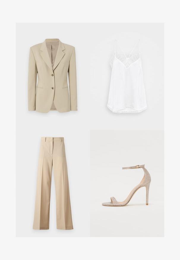 Kreminė švarkelis su struktūrizuotu dizainu, vieno sagos uždarymu, aštriais atvartais, dviem sagomis ir švelniu tekstūru. Yra pritaikytas liemuo ir kišenės.; Balta camizola su V formos iškirpte, plonais petnešomis, tekstūruota nėrinių apdaila ant pečių ir lenkta apatinė dalis. Lygi audinio tekstūra.; Smėliniai plačių kojų kelnių pagamintos iš lygaus audinio, su plokščiu priekiu su klostėmis, užtrauktuku ir kilpomis diržui. Visapusiškai pritaikyta forma.; Metaliniu rožiniu auksu padabinti aukštakulniai sandalai su dirželiais, turintys tekstūruotą viršutinę dalį, atvirą pirštą ir kulkšnies dirželį su auksiniu sagtimi.