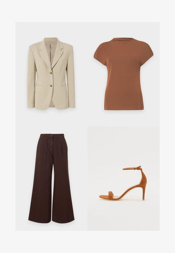 Beige blazer with a structured design, single-breasted front, sharp lapels, two buttons, and slight texture. Features tailored waist and pockets.; Brown short-sleeve top made of soft fabric, featuring a round neckline and a relaxed fit, with smooth texture and no visible patterns.; High-waist wide-leg brown pants with button and zipper closure, belt loops, and front pleats.; Brown suede high-heeled sandal featuring a thin ankle strap with a gold buckle, open toe, and a sleek, minimalist design.
