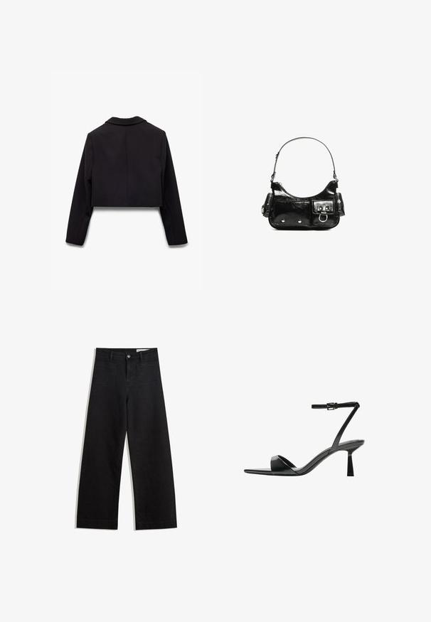 Blazer nero corto con colletto a punta, maniche lunghe e tessuto liscio senza motivi visibili o accessori. Vista posteriore mostrata.; Maglione nero a maniche lunghe in maglia con spalle imbottite e polsini e orlo a coste, mostrato su uno sfondo bianco.; Pantaloni in denim neri a gamba larga con vita alta, dotati di tasche anteriori e posteriori, cuciture a punto, e chiusura con bottone. Texture liscia.; Bershka Sandali con tacco - black; Borsa a spalla in vernice nera con forma curvata, una tracolla, tasche frontali e dettagli in metallo argentato.