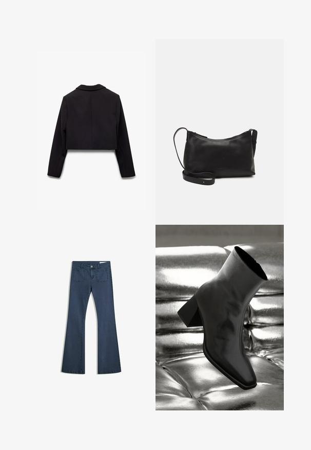 Zwarte cropped blazer met een ingeknipte kraag, lange mouwen en een gladde stof zonder zichtbare patronen of hardware. Achteraanzicht weergegeven.; Witte T-shirt van zacht, lichtgewicht stof. Heeft een ronde halslijn en korte, brede mouwen met een ontspannen pasvorm. Geen zichtbare patronen.; Donkerblauwe flare jeans van denim met gestikte zakken, een knoopsluiting en een soepele textuur. Beschikt over een klassieke vijfzakkenontwerp.; Zwarte enkellaarsjes van glanzend materiaal met een vierkante neus en taps toelopende hak, afgezet tegen een glanzende zilveren gecapitonneerde achtergrond.; Zwarte leren schoudertas met een gladde textuur, gebogen vorm, verstelbare schouderband en een ritsafsluiting. Minimalistisch ontwerp zonder versieringen.