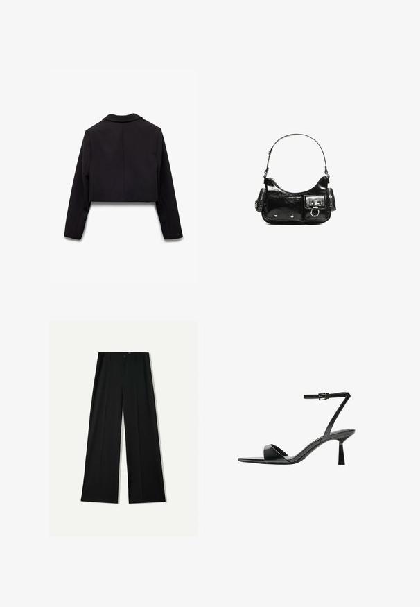 Blazer nero corto con colletto a punta, maniche lunghe e tessuto liscio senza motivi visibili o accessori. Vista posteriore mostrata.; Top cropped nero a maniche lunghe con scollatura tonda, design semplice e orlo leggermente curvo.; Bershka WIDE - Pantaloni - black; Bershka Sandali con tacco - black; Borsa a spalla in vernice nera con forma curvata, una tracolla, tasche frontali e dettagli in metallo argentato.