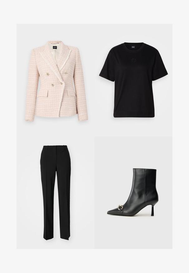Blazer em tweed rosa claro com um design de duplo botões, lapelas recortadas, dois bolsos frontais e botões em tom de ouro. Tecido suave e texturizado.; T-shirt de algodão preto com decote redondo, mangas curtas e um logótipo bordado no peito. Corte simples e descontraído, sem padrões.; Calças pretas de corte ajustado com um design de perna reta, apresentando uma textura lisa e pregas bem definidas na frente. Sem hardware visível.; Bota preta de couro até ao tornozelo com bico apontado, salto slim de altura média e detalhe em fivela prateada de lado, contra um fundo simples.