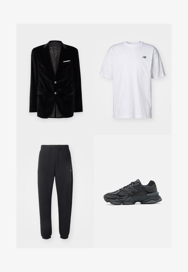 JOOP! HORACE  - Suit jacket - black; White short-sleeve crew neck T-shirt with small black New Balance logo on left chest against a plain background.; Black sweatpants made of soft material with an elastic waistband, drawstring, and tapered cuffs, featuring a subtle logo on the side.; Black running shoe featuring a mix of mesh and synthetic materials, chunky sole, curved design, and prominent branding on the side.