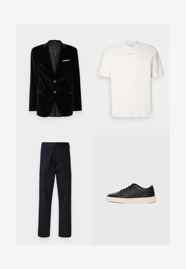JOOP! HORACE - Kostiuminis švarkas - black; Balta medvilninė marškinėlių suapvalintu kaklu, trumpomis rankovėmis ir siuvinėtu "Calvin Klein" logotipu krūtinės centre. Paprastas dizainas.; Juodi cargo kelnės, pagamintos iš tvirto audinio, su tiesiu kirpimu, dviem šoninėmis kišenėmis ir mygtukiniu užsegimu juosmenyje.; Juoda žema viršutinė odinė sportbačiai su juodais raišteliais ir kreminiu padu, pateikti šoniniame profilyje ant baltos fono.