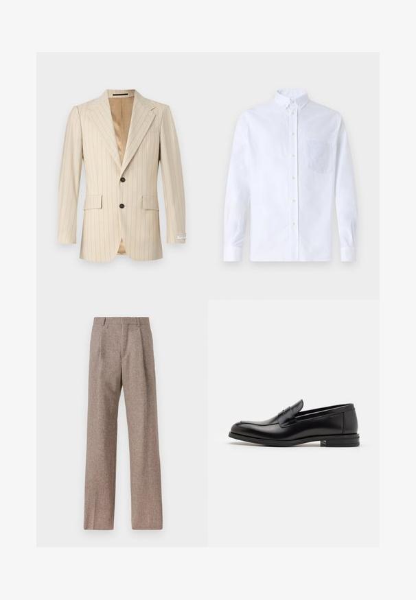 Tiger of Sweden JON - Colbert - ivory white; Witte lange mouwen overhemd van katoen, met een borstzak met tonale borduring, een kraag en knopenmanchetten.; Bruine, hooggewaisted broeken van een gestructureerde stof. Heeft wijde benen en twee voorplooien voor extra structuur. Net afgewerkt zonder zichtbare hardware.; Zwarte leren instappers met een gladde textuur, ronde neus en een decoratieve band over de wreef. Lage, gestapelde hak en minimalistisch ontwerp.