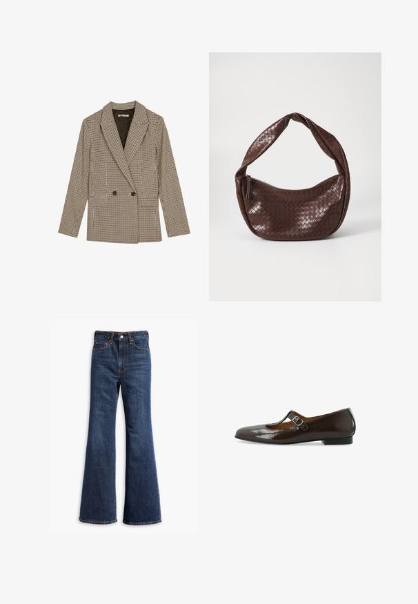 Dubbelzijdig blazer in een bruin en zwart geruit patroon, met gesneden revers, zijzakken en een licht gestructureerde stof.; Witte mouwloze tanktop met een vierkante halslijn, een gladde textuur en een nauwsluitend ontwerp. Gemaakt van lichtgewicht stof.; Hogegarende donkerblauwe denim jeans met flared pijpen, sluiting met een knoop en rits aan de voorkant, en ontwerp met vijf zakken.; Bruine gepatineerde Mary Jane ballerina met een afgeronde neuzen, een gespstrap en een lage hak, met een gladde, glanzende textuur.; Bruine geweven leren handtas met een gebogen, geknoopte hengsel en een ritsluiting. Glad oppervlak en ronde vorm.