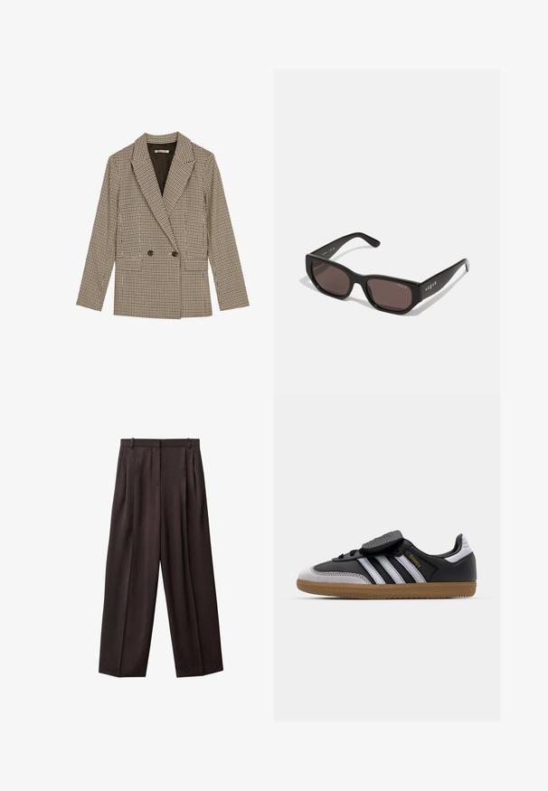 Double-breasted blazer in brown and black checked pattern, featuring notched lapels, side pockets, and a slightly textured fabric.; White sleeveless tank top with a square neckline, smooth texture, and a form-fitting design. Made from lightweight fabric.; Wide-leg trousers in dark brown fabric. Features include pleats at the front, a waistband with belt loops, and side pockets. Smooth texture.; Black leather and gray suede sneaker with white stripes, rubber gum sole, lace-up front, and Velcro strap. Features "Samba" branding in gold.; Black rectangular sunglasses with dark lenses. Features a smooth plastic frame and logo detail on the temple. Clean, modern design.