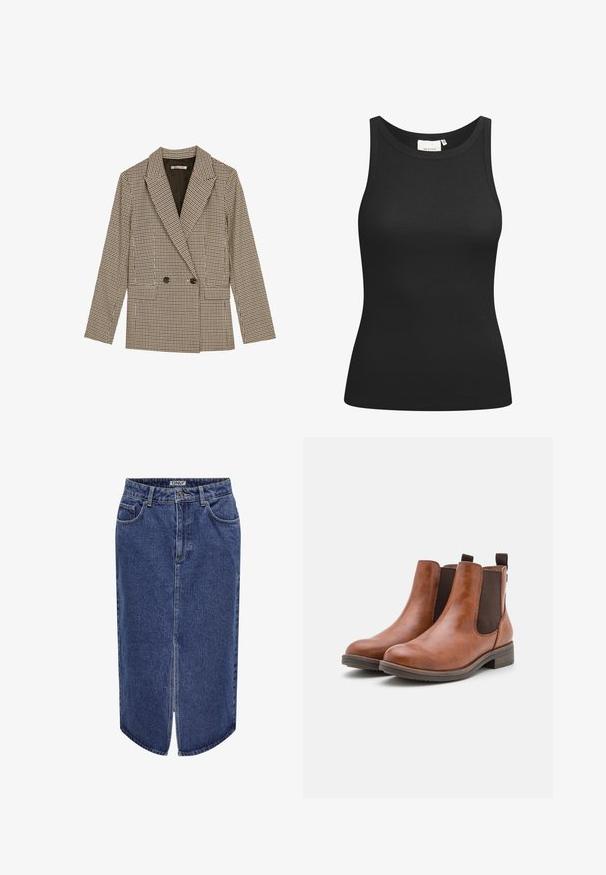 Blazer de dupla face em padrão quadriculado castanho e preto, apresentando lapelas com recortes, bolsos laterais e um tecido ligeiramente texturizado.; Top preto sem mangas feito de tecido canelado, apresentando um decote redondo e uma forma ajustada. Costuras planas e sem adornos. Design simples e elegante.; Saias de ganga com um corte médio, lavagem azul-escura, fenda frontal e design clássico de cinco bolsos, apresentando um fecho de botão e zíper.; Botas de tornozelo em couro castanho com painéis laterais elásticos, bico arredondado e um salto baixo em madeira. Apresentam uma laço na parte de cima para fácil colocação.