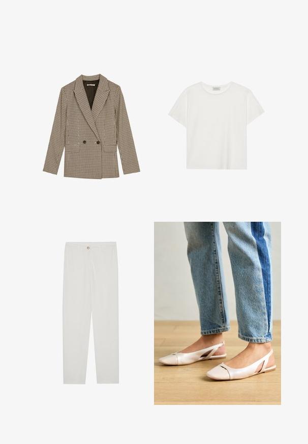 Blazer croisé en motif carreaux marron et noir, avec des revers crantés, des poches latérales et un tissu légèrement texturé.; T-shirt blanc à manches courtes en coton doux. Présente un col rond et une coupe décontractée. Design épuré sans motifs ni accents visibles.; Pantalon blanc sur mesure avec une coupe droite, doté d'une fermeture à bouton, de passants de ceinture et de poches latérales ; texture de tissu lisse.; Ballerines slingback rose pâle avec un bout pointu, fabriquées en un matériau semblable au cuir lisse. Présentent des découpes sur les côtés et un talon plat.