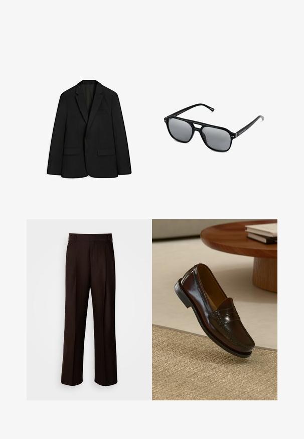 Zwarte blazer gemaakt van sleek stof; voorzien van een paspelkraag, twee voorzakken en een enkele knoopsluiting. Zachte textuur en getailleerde pasvorm.; Bordeaux trui met een ronde hals, lange mouwen en geribbelde boorden en onderkant, gemaakt van zacht, textuurstof.; Bruine op maat gemaakte broeken met een recht design, voorzien van een voorplooien, een gladde textuur en een klassieke tailleband. Geschikt voor formele gelegenheden.; Bruine leren instappers met een glanzende afwerking, voorzien van een gestikt detail aan de voorkant en een low-profile zwarte rubberen zool.; Zwarte zonnebril met rechthoekige montuur, grijs getinte glazen en een uitgesneden ontwerp bij de neusbrug. Strak, glanzend kunststof materiaal met smalle veren.