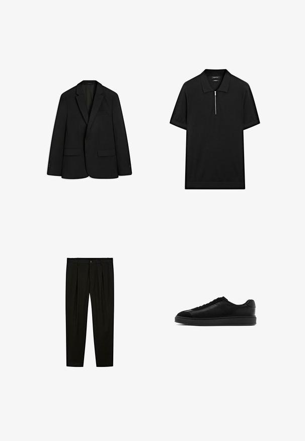 Czarna marynarka wykonana z gładkiego materiału; posiada klapę w kształcie litery V, dwie przednie kieszenie oraz zapięcie na jeden guzik. Gładka faktura i dopasowany krój.; Czarna koszulka polo z krótkim rękawem, z kołnierzykiem stójkowym i zamkiem błyskawicznym z przodu. Wykonana z gładkiego materiału o czystym, minimalistycznym designie.; Czarne dopasowane spodnie wykonane z gładkiego materiału. Cechy to płaski przód, szerokie nogawki i zapięcie na guzik w pasie.; Czarne skórzane trampki o gładkim wykończeniu, okrągłym nosku, z sznurowanym przodem i kontrastującym teksturowanym językiem. Gruba czarna gumowa podeszwa.